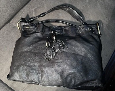 SIGRID OLSEN BLACK LEATHER PURSE SHOULDER Tote BAG PACKABLE 16x12” TASSELS - Image 1 of 4
