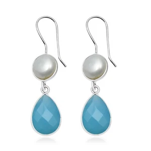 Chalcedony Gemstone 925 Sterling Silver French Wire Dangle Earrings E-3892 - Picture 1 of 2