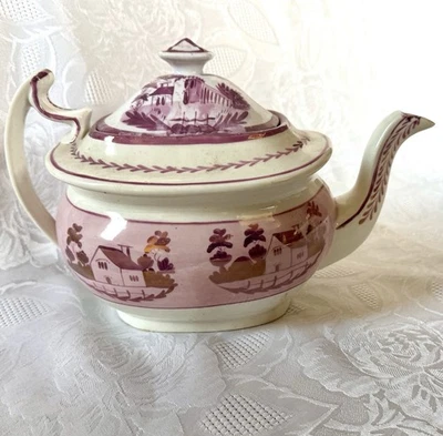 Antigua tetera Lusterware siglo XIX rosa iridiscente inglesa transferware Foto 1 de 4
