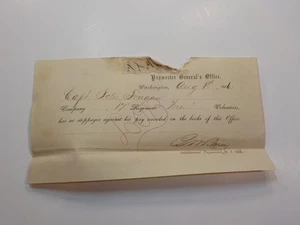 Documento de la Guerra Civil 17º Wisconsin Capitán Peter Feagan Paymaster Oficina General - Imagen 1 de 2