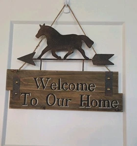 Horse Welcome To Our Home Sign Galloping Horse- Cut Metal Art Farmhouse Plaque - Picture 1 of 7