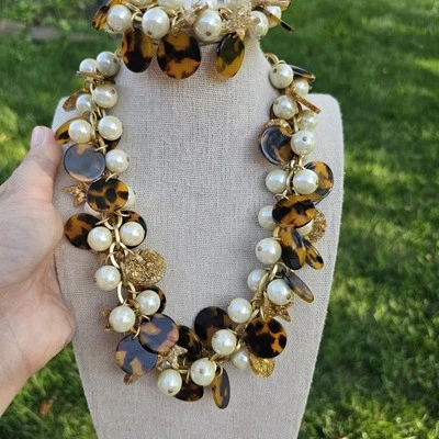 J Crew Pearl Tortoise Shell Confetti Stars Charm Cha Cha Necklace Bracelet Set - Image 1 of 4