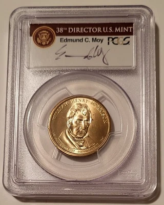 PCGS 2009 W H Harrison Presidential Dollar Error Lettering Unc MS66 Moy (B) - Image 1 of 2