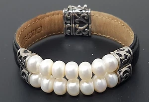 Vintage H Honora Sterling Silver White Pearl Black Leather Bracelet 7" - Picture 1 of 6