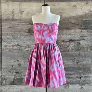 Rebecca Taylor Aurora Print Strapless Dress 2 Pink Corset Mini Flirty Feminine - Picture 1 of 14