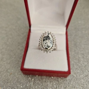 White Buffalo Turquoise and Zircon halo ring in sterling silver 'K' - Picture 1 of 4