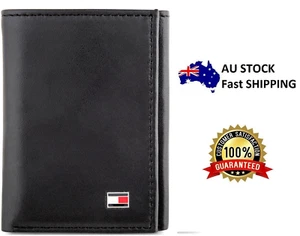New Genuine Leather Tommy Hilfiger Oxford Slim Trifold Wallet Black - Picture 1 of 6