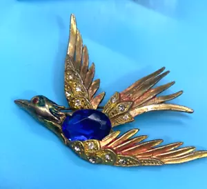 Swallow Bird Brooch Signed Made in USA Blue Oval & Clear Round Faceted Stones - Picture 1 of 12