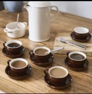 Brown Porcelain 6 Espresso Cups & Saucer Set For Cafe Style Experience Drinkware - Picture 1 of 1