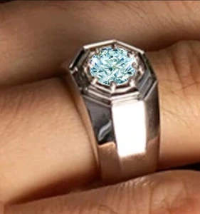 2 Carat VVS Blue White Moissanite Diamond Octagon Unisex 925 Dome Silver Ring UK - Picture 1 of 9