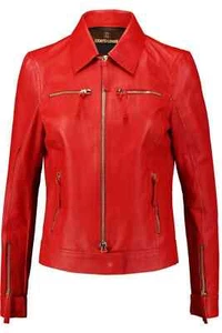 Giacca donna vera pelle slim fit classica biker morbida pelle di agnello rossa giacca basic - Foto 1 di 6