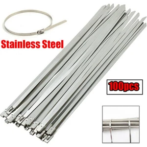 100X 300mm Stainless Steel Metal Cable Zip Tie Self Lock Strap Heavy Duty 200LBS - Picture 1 of 12