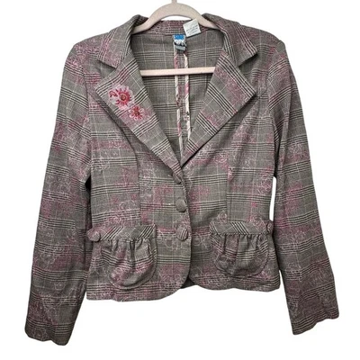 Blazer a Cuadros Md Y2K De Colección Star City Marrón Rosa Floral Bordado Chaqueta Coqueta Foto 1 de 4