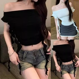 Summer Women Off Shoulder Solid Color Slim Short Sleeve TShirt Fashion - Picture 1 of 34