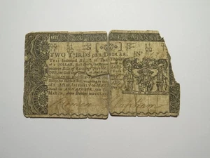 1770 $2/3 Annapolis Maryland MD Colonial Currency Bank Note Bill RARE ISSUE! - Picture 1 of 2
