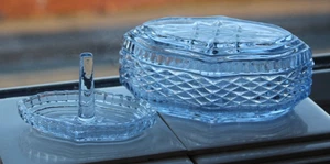 Vintage Blue Pressed Glass Trinket Box & Ring Holder – Diamond Cut Starburst - Picture 1 of 6