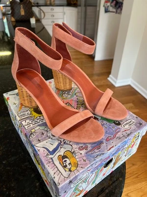 Sandalias Jeffrey Campbell Anthropologie Rosa Gamuza Orla Mimbre Bloque Tacones 9 Foto 1 de 4