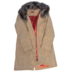 Merona Trench Coat Women's Large Tan Orange Tweed Faux Fur Trim Glitter Button - Picture 1 of 13