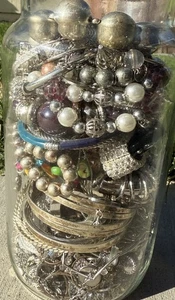 2.5+ Pounds Jewelry Jar Lot Mystery Silver Tone Costume Unsorted Wearable Resale - Picture 1 of 5
