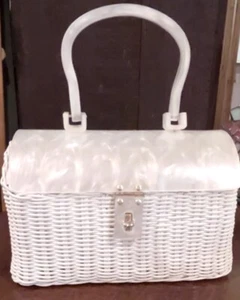 Vintage Marcus Brothers weiß Korbgeflecht und verwirbelt Lucite Box Handtasche signiert 50er - Bild 1 von 11