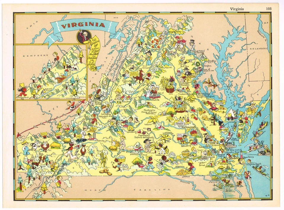 MAPA ORIGINAL RUTH TAYLOR VINTAGE VIRGINIA DIBUJOS ANIMADOS PICTÓRICO 1935 ANTIGUO DOMINIO  Foto 1 de 1