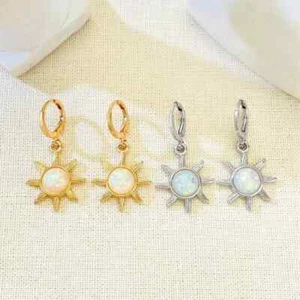 Sun Huggie Hoop Opal CZ Earrings Gold Filled /Silver-Huggie Hoop Sun Drop Earing - Picture 1 of 12