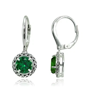 Sterling Silver Simulated Emerald Round Oxidized Rope Dangle Leverback Earrings - Image 1 of 3