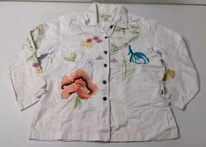 C.l.o.t.h.e.s. Denim Jacket Women's L White Flower Pattern Long Sleeve - Picture 1 of 5