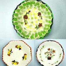 Vintage Slipware Bowls SET 3 SIGNED Handmade Painted Primitive Rustic Floral