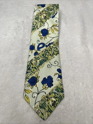 Corbata HUBERT MILANO Hombre SEDA AZUL OSCURO AMARILLO DORADO FLORAL HECHA EN Italia Foto 1 de 4