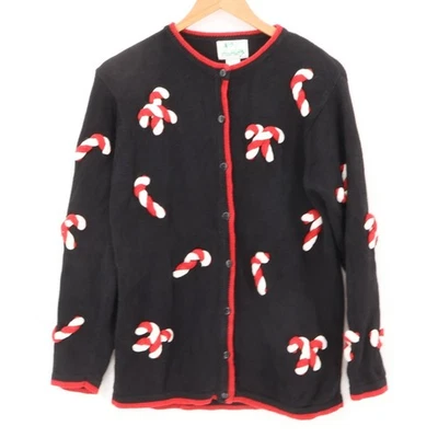 Vtg Quaker Factory Candy Cane Cardigan Sweater Ugly Christmas Holiday  Size S - Image 1 of 4