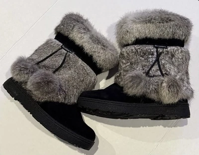 Bearpaw Tama II Women's Winter Boots Grey Rabbit Fur Suede Boots PomPom Size 8 M - Image 1 of 4