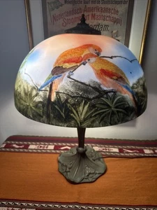 Antique Reverse Painted Lamp w/ Parrots Palm Trees Glass Metal Base 21” Tall - Picture 1 of 17