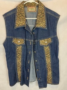 Women’s Vintage Western Denim Jean Vest Cheetah XL - Picture 1 of 9