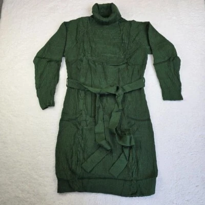 Turtleneck Sweater Dress W/ Belt Women's Size M Green Knit Long Sleeve Ribbed - Image 1 of 4