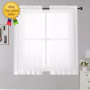White Sheer Curtains, 45 Inches Long, 2 Panels Rod Pocket, Light Filtering, Cafe - Picture 1 of 7