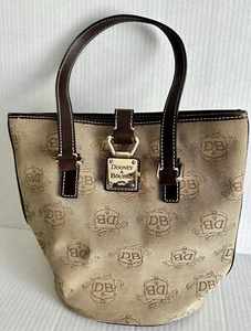 Dooney & Bourke Tan Monogram Canvas & Leather Trim Bucket Style Bag Purse - Picture 1 of 9