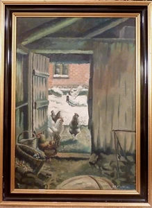 K. NIELSEN! STABLE INTERIOR WITH OPEN DOOR AND CHICKENS - Picture 1 of 5