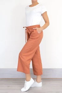 Womens Trouser Linen Blend Amber Rust Cropped Belted Summer Holiday Size 8 6 - Picture 1 of 7