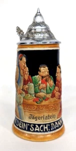 Vintage West Germany DBGM Pewter Lidded Beer Stein Jagerlatein with German Toast - Picture 1 of 12