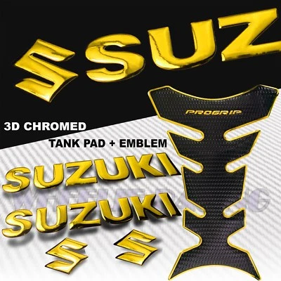 ХРОМИРОВАННАЯ ЗОЛОТАЯ ПРОФЕССИОНАЛЬНАЯ НАКЛАДКА НА ТОПЛИВНЫЙ БАК + 8-ДЮЙМОВЫЙ ЛОГОТИП SUZUKI + НАКЛЕЙКА С ЭМБЛЕМОЙ ОБТЕКАТЕЛЯ БУКВЫ - Изображение 1 из 4