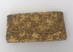 Ladies Vintage Beaded Clutch Purse Gold Glass Beads Mid-Century 1960s Hong Kong - Picture 1 of 11