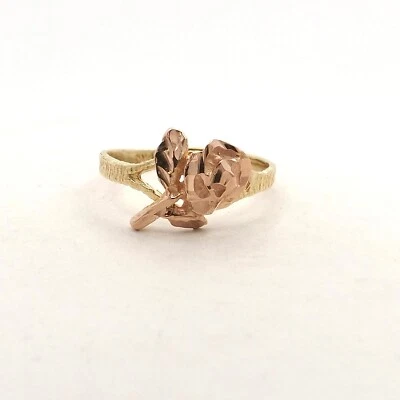 14k Gold Rose Flower Band Ring Two Tone Diamond Cut sz6 New - Image 1 of 4