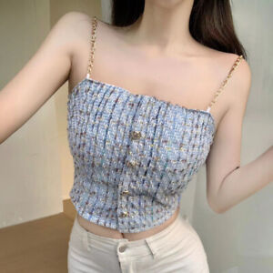Summer Hottie Chain Camisole Women Fashion Button Plaid Sleeveless Slim Tank Top