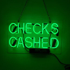 Checks Cashed Neon Sign Light Counter Hanging Handmade Real Glass Artwork 14"x9" - Picture 1 of 1