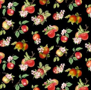 Timeless Treasures Orchard Valley Apple Bunch on Black Cotton Fabric by the Yard