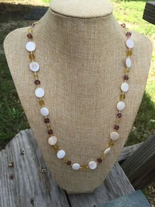 Handmade Necklace of Purple and Yellow Glass Beads with White MOP Shell Discs - Picture 1 of 5