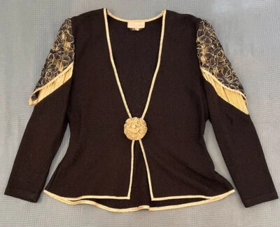 Cárdigan Chaqueta De Colección EL-Ana Años 80 Negro Lentejuelas Dorado Lamé Talla XL USADO EN EXCELENTE ESTADO Foto 1 de 4