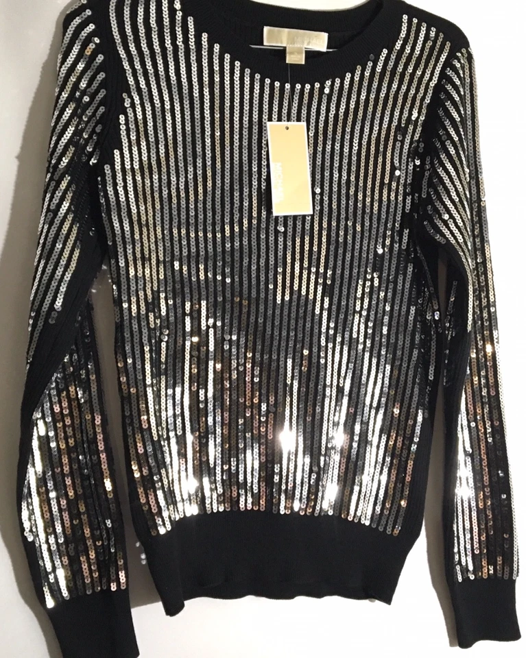 Suéter feminino Michael Kors MK preto malha prata lantejoulas frente tamanho pequeno novo com etiquetas - Imagem 1 de 4