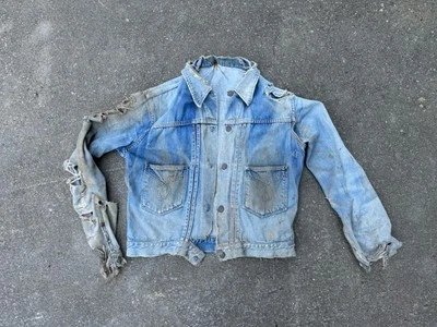 Chaqueta Denim Vintage Selvage PUNK Rock Destroyed Old Thrashed BARNFIND pequeña Foto 1 de 4
